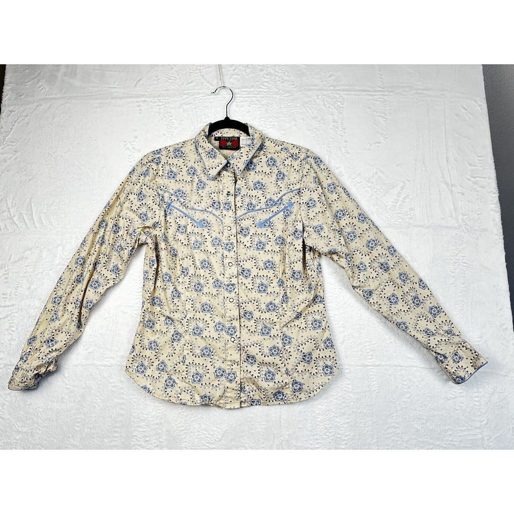 Five Star by Roper beige blue floral long sleeve snap front Western shirt *Sz M*